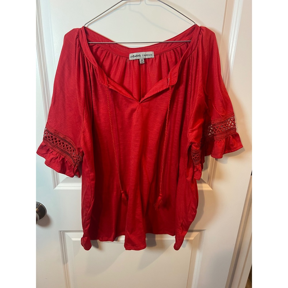 Absolutely Famous Womens Peasant Top Crochet Lace‎ Sleeve Red 3X